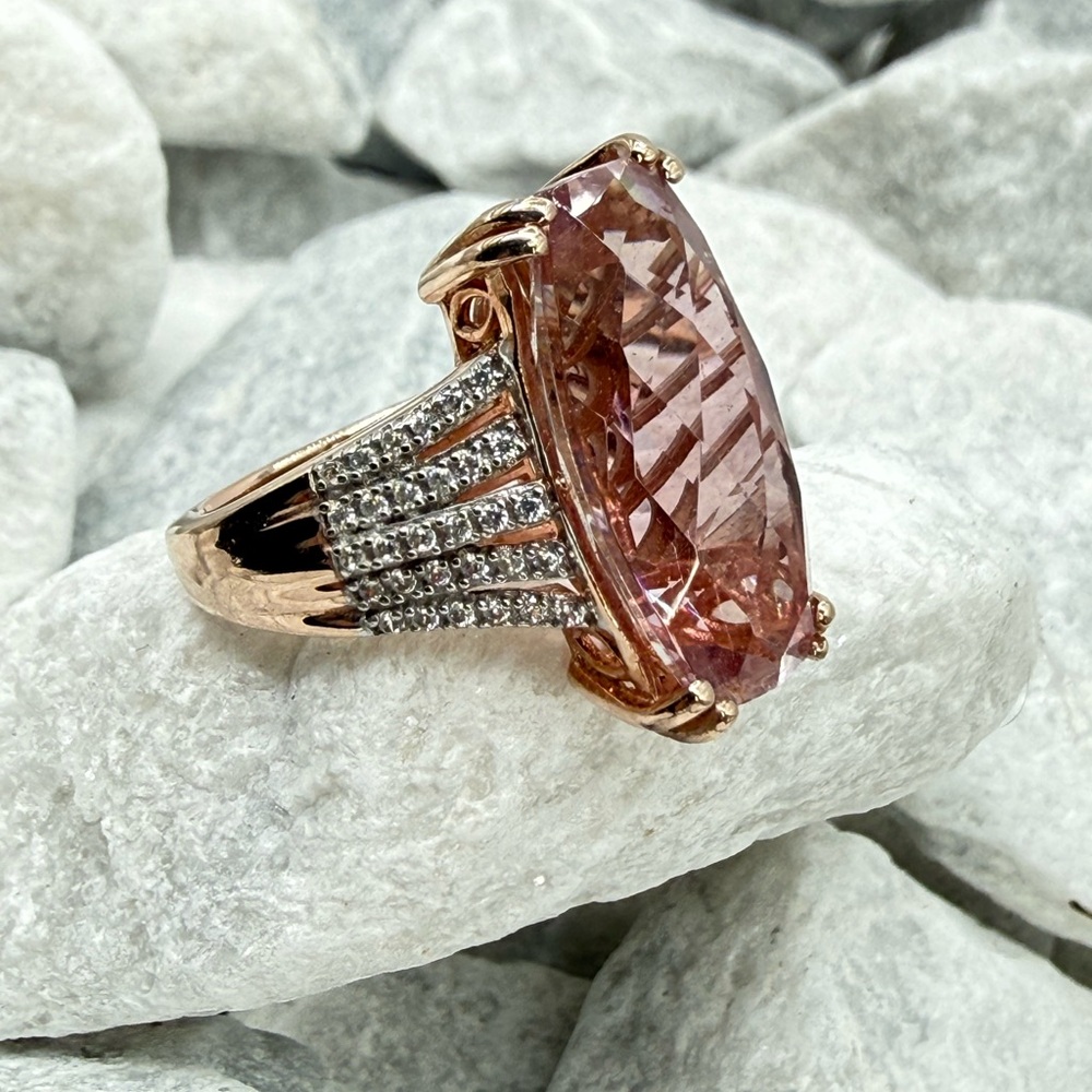Morganite Cushion Cut Ring Rose Gold Over Sterling CZ Pave Size 7 - Picture 13 of 17